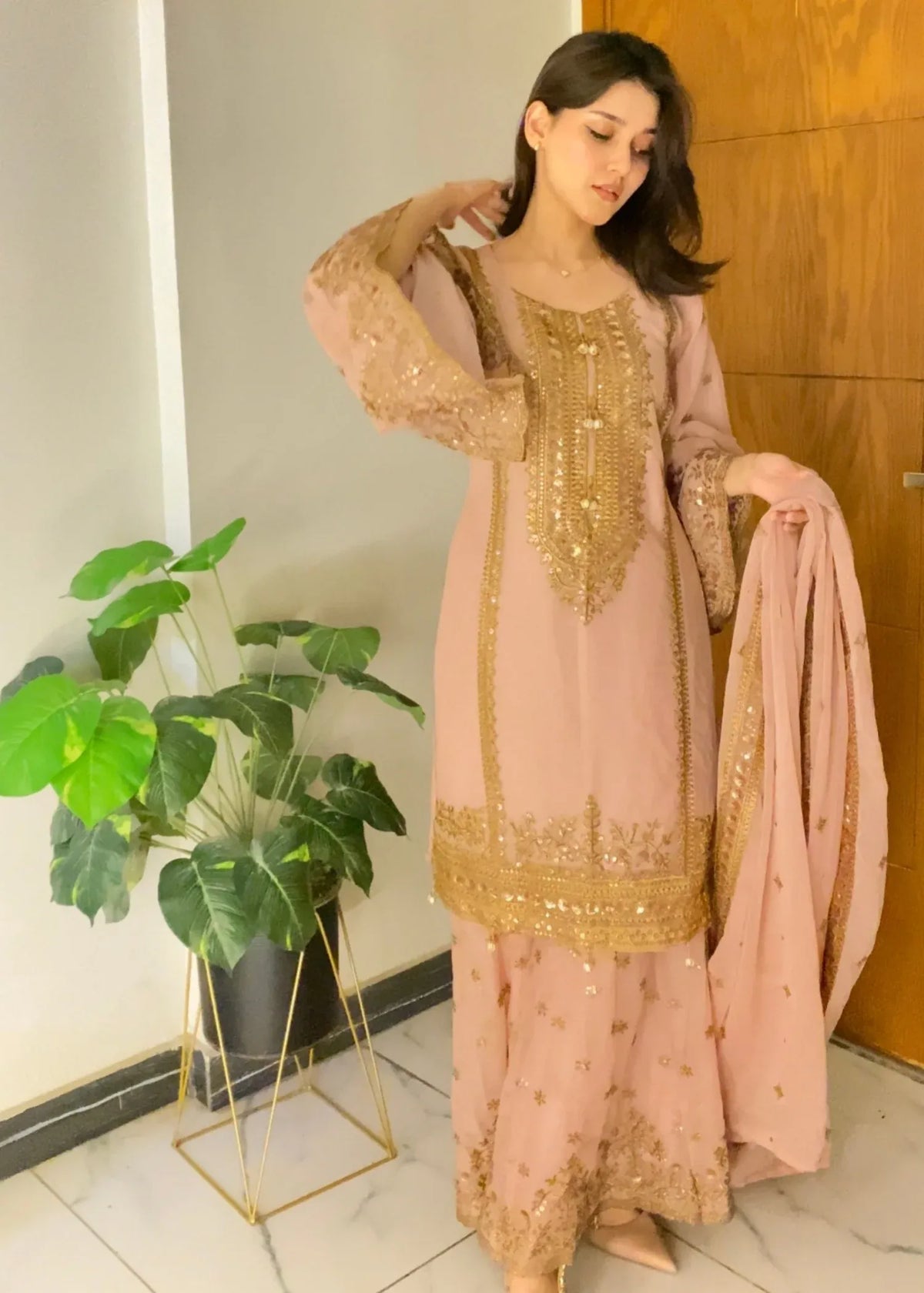 Mehrosh Chiffon Tea Pink Gharara